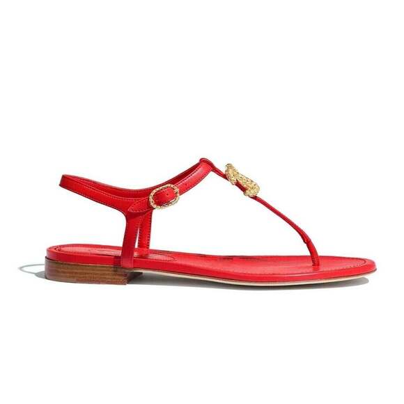 Chanel 20C Red Lambskin Gold CC Logo Mule Ankle Strap Thong Sandal Flat 36.5C - Picture 2 of 9